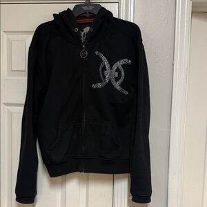 HEAVENLY SINS Black Rhinestone Emblem Zip Hoodie